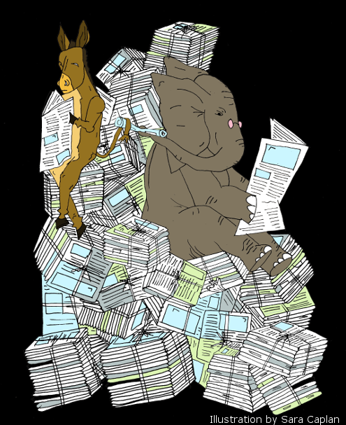 Donkey and elephant on a stack of newspapper articles